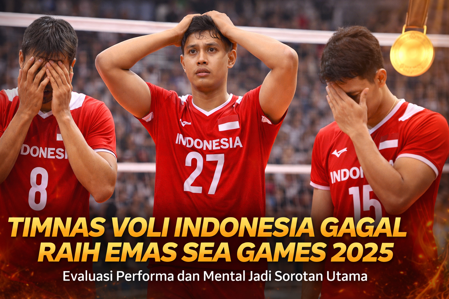 Pemain Timnas Voli Indonesia terlihat kecewa di lapangan usai gagal meraih medali emas SEA Games 2025, dengan ekspresi sedih dan suasana pertandingan yang emosional