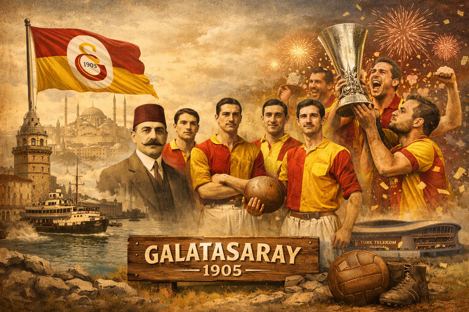 Kolase sejarah Galatasaray, menampilkan pendiri klub tahun 1905, pemain legendaris dengan seragam kuning-merah, stadion Türk Telekom, bendera klub berkibar, bola klasik, dan perayaan trofi UEFA, menggambarkan perjalanan klub dari awal hingga prestasi internasional