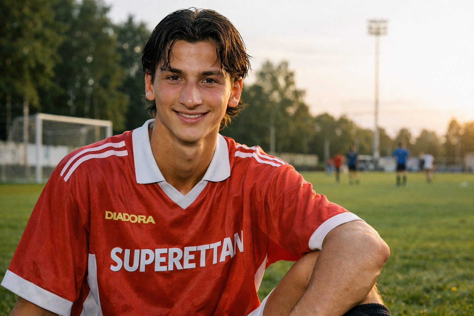 Zlatan Ibrahimovic muda pada tahun 1999 mengenakan jersey merah klub Malmö FF, tersenyum di lapangan sepak bola dengan latar belakang lapangan hijau dan pemain lain di kejauhan, tampilan landscape