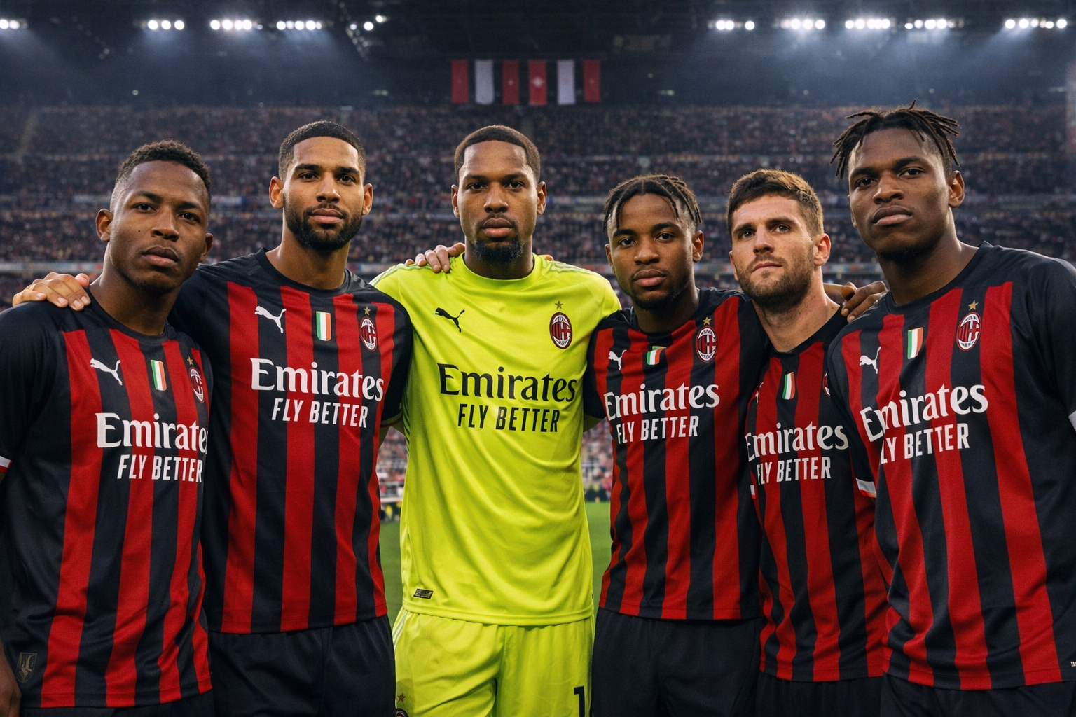 Pemain inti AC Milan tahun 2026 berpose bersama di Stadion San Siro mengenakan jersey merah-hitam, dipimpin Mike Maignan dengan latar tribun penuh penonton, format landscape