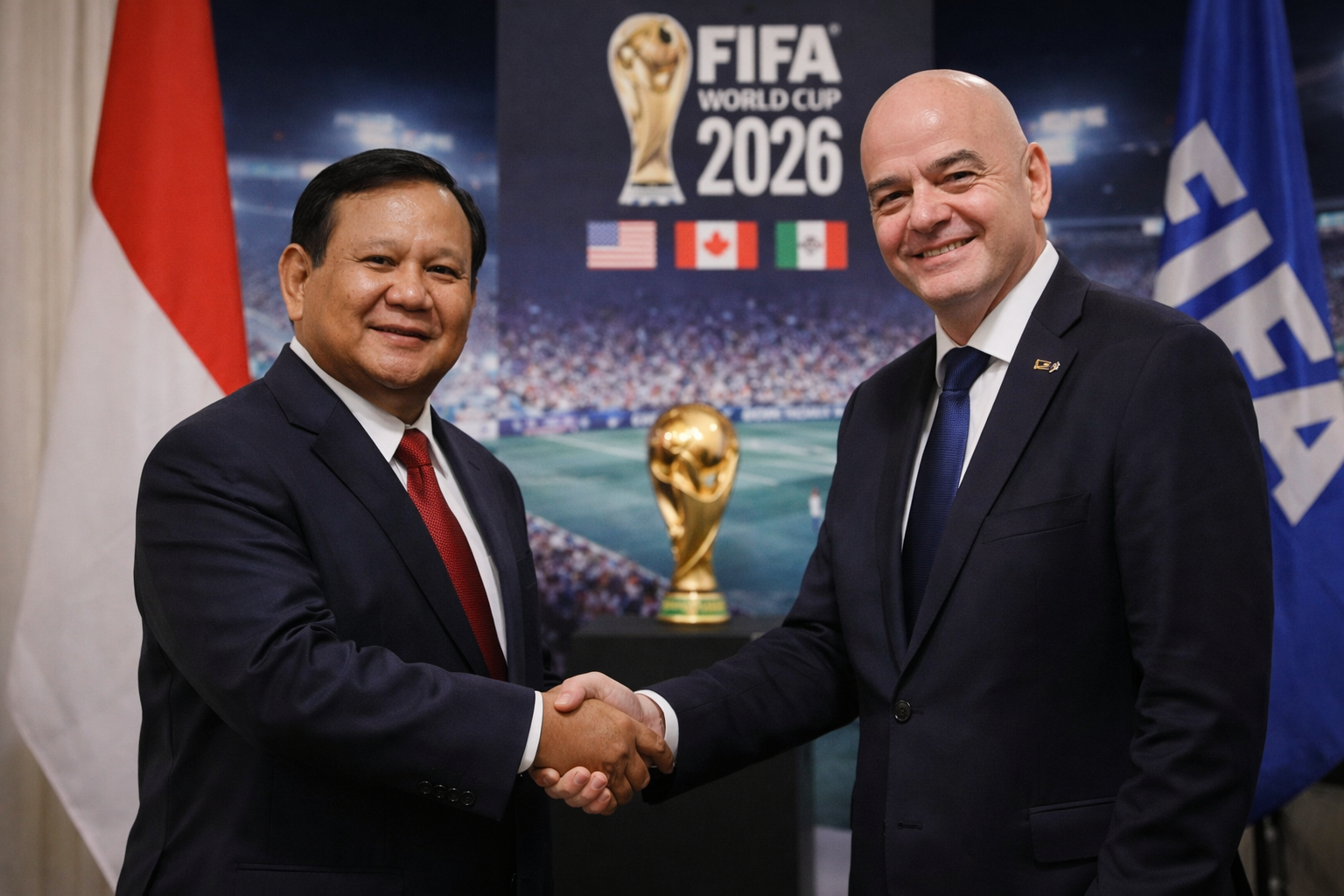 Presiden Indonesia Prabowo Subianto berjabat tangan dengan Presiden FIFA Gianni Infantino, dengan trofi Piala Dunia 2026 dan bendera negara tuan rumah di latar belakang.