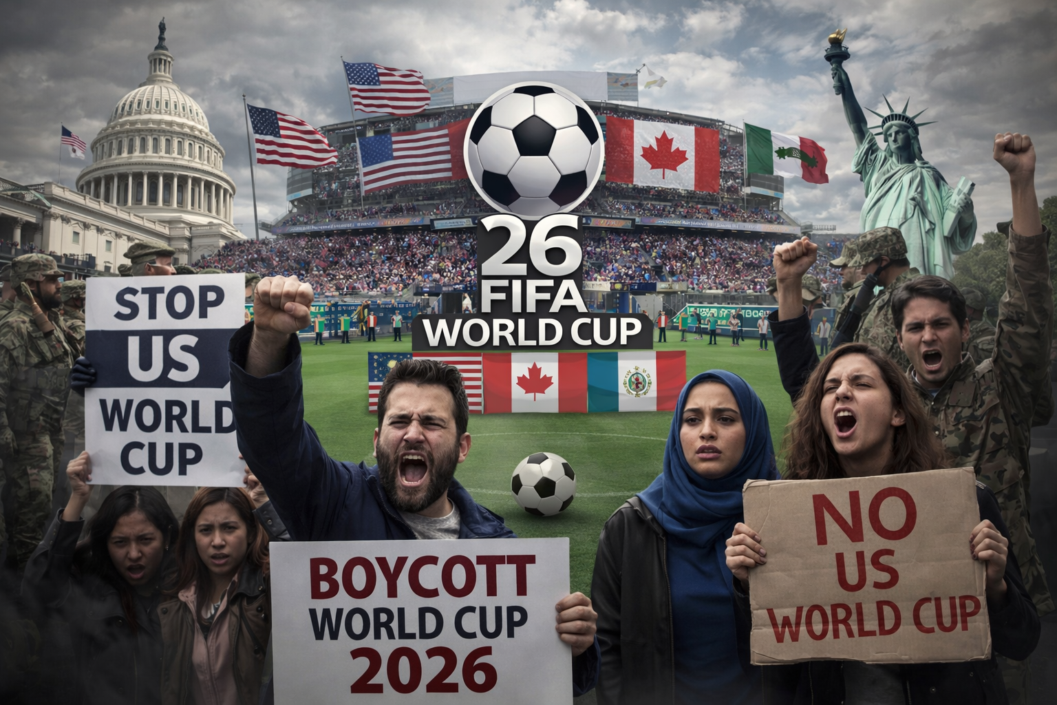 Ilustrasi protes boikot Piala Dunia 2026 di Amerika Serikat, menampilkan massa membawa poster penolakan dengan latar stadion sepak bola dan simbol negara tuan rumah
