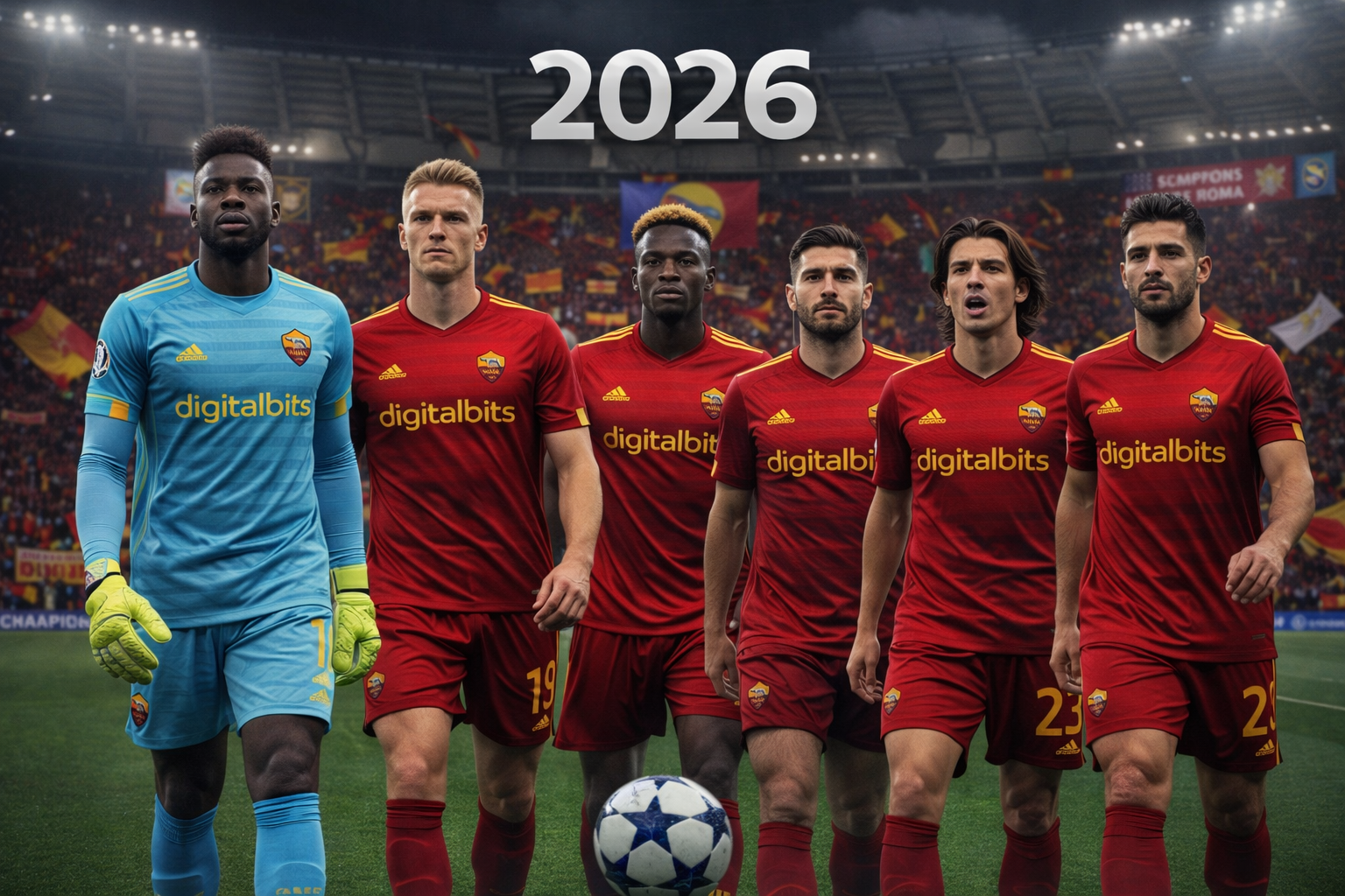 Enam pemain inti AS Roma mengenakan jersey merah dan kuning dengan sponsor digitalbits, berdiri di lapangan Stadio Olimpico tahun 2026, siap bertanding dengan latar tribun penuh penonton