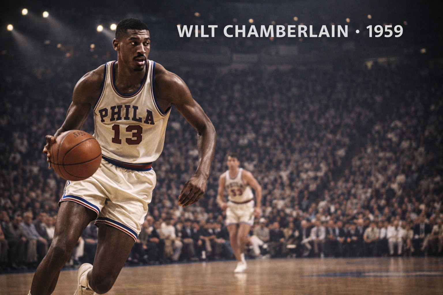 Wilt Chamberlain mengenakan jersey Philadelphia Warriors nomor 13 sedang menggiring bola basket di tengah pertandingan NBA pada akhir 1950-an dengan tribun penuh penonton di latar belakang
