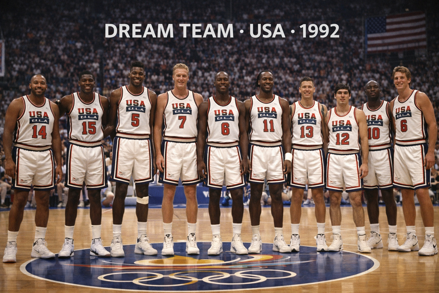 Tim Dream Team USA 1992 mengenakan jersey putih bertuliskan USA berdiri berjajar di atas lapangan basket Olimpiade Barcelona, dengan tribun penuh penonton di latar belakang