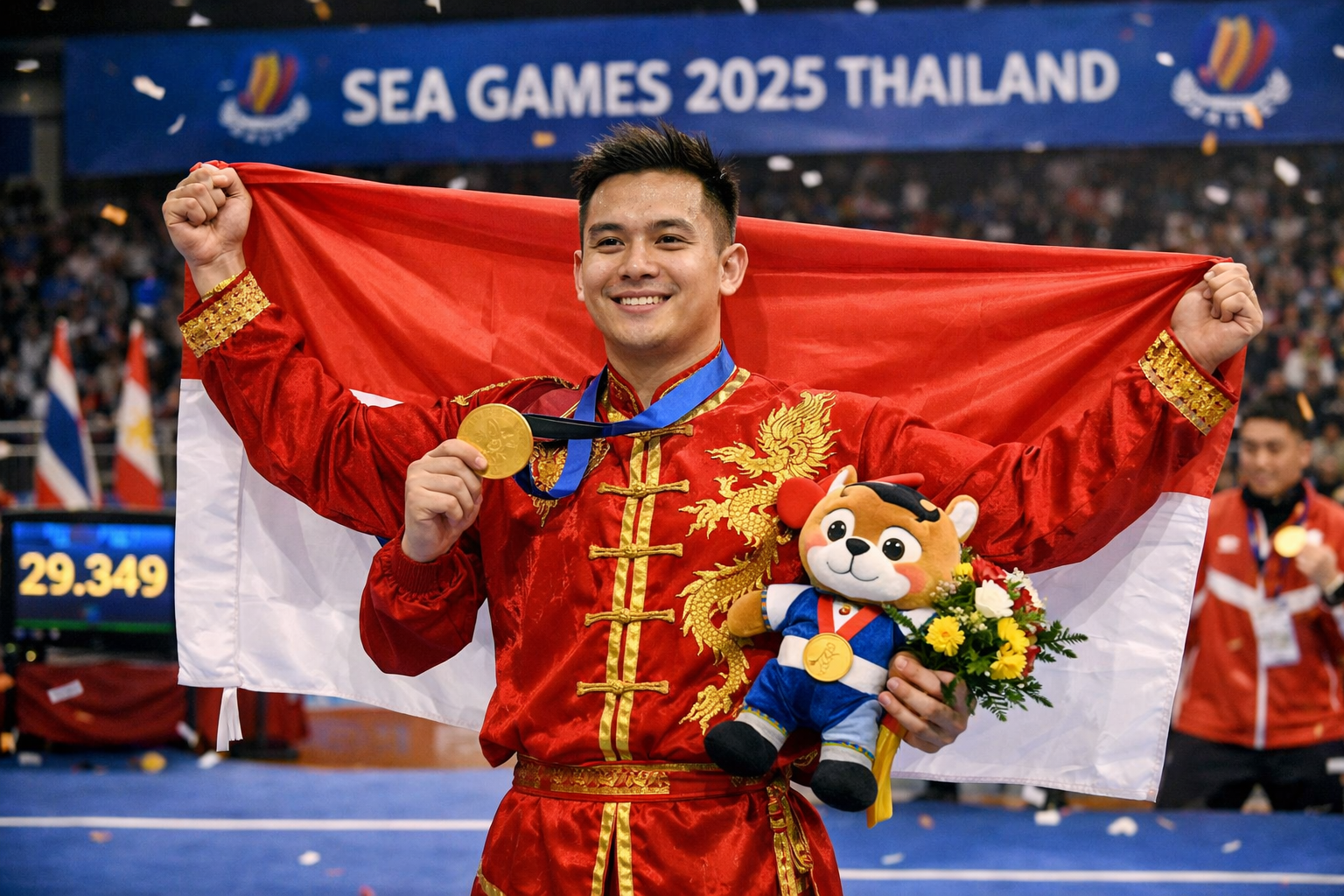 Atlet wushu Indonesia Edgar Xavier tampil percaya diri di arena SEA Games 2025 dengan kostum merah putih, memperagakan jurus taolu berlatar panggung kompetisi dan bendera nasional.