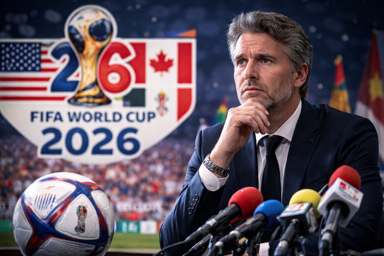 Seorang pria paruh baya Gottlich mengenakan jas gelap duduk serius di depan mikrofon saat konferensi pers tentang potensi boikot Piala Dunia FIFA 2026, dengan logo resmi turnamen di latar belakang.