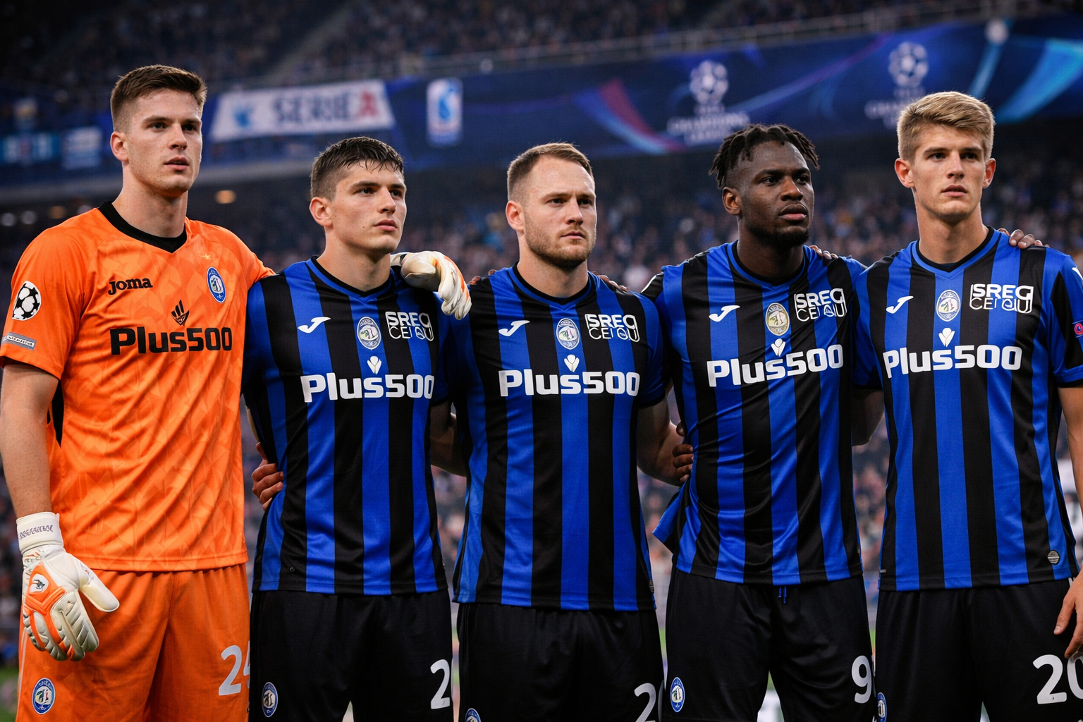 Enam pemain Atalanta berdiri berdampingan di lapangan stadion mengenakan seragam biru hitam klub, siap menyambut pertandingan Serie A dan Liga Champions dengan ekspresi serius dan fokus.