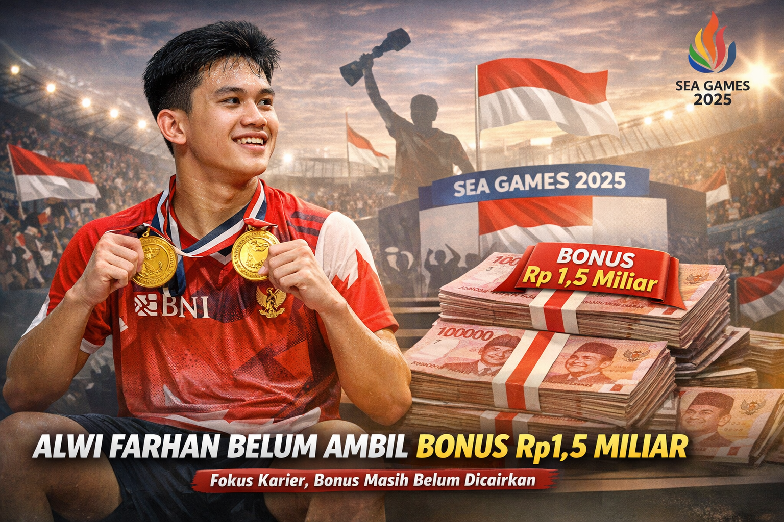 Pebulu tangkis Indonesia Alwi Farhan memegang dua medali emas SEA Games 2025 dengan latar stadion, podium, dan ilustrasi bonus Rp1,5 miliar.