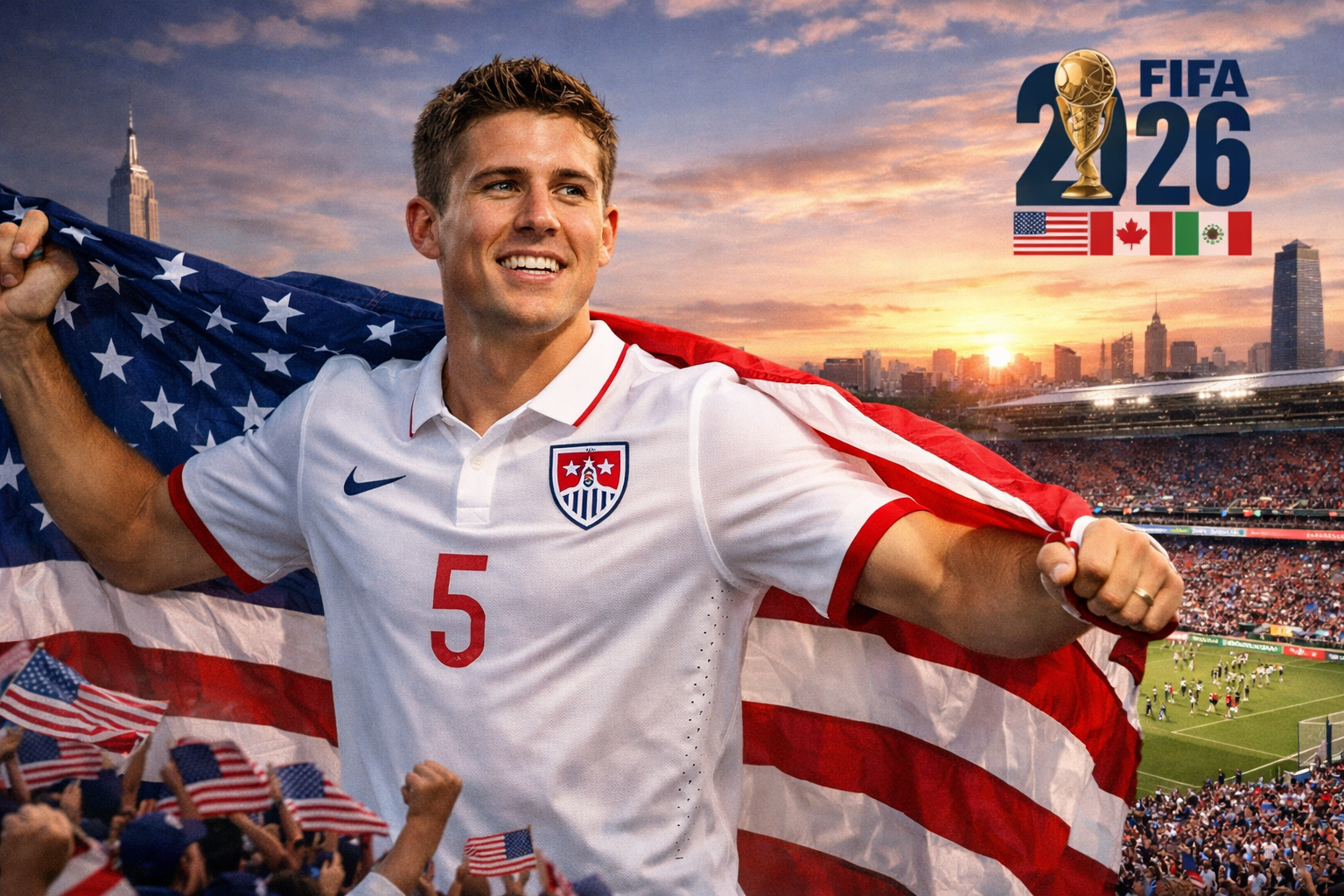 Matt Besler mengenakan jersey Timnas Amerika Serikat sambil membentangkan bendera AS di stadion, menyambut Piala Dunia 2026 dengan latar suasana meriah.