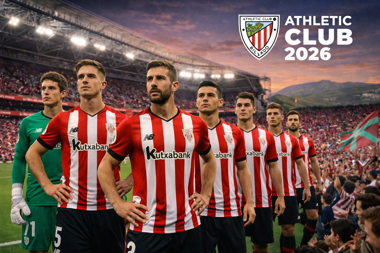 Skuad inti Athletic Club 2026 berbaris di Stadion San Mamés mengenakan jersey merah putih, disaksikan suporter dengan nuansa semangat Basque