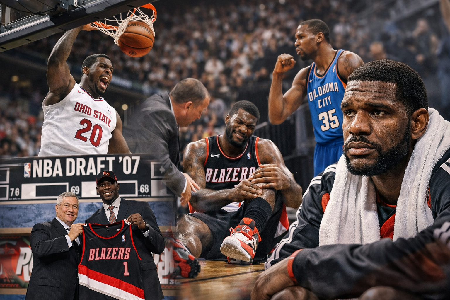 Kolase landscape yang menampilkan perjalanan karier Greg Oden, mulai dari dominasi di Ohio State, momen NBA Draft 2007 bersama Portland Trail Blazers, hingga cedera yang membatasi kariernya, dengan Kevin Durant terlihat sebagai simbol tantangan dan perbandingan, menekankan perjuangan dan kehilangan peluang dalam karier NBA Oden.