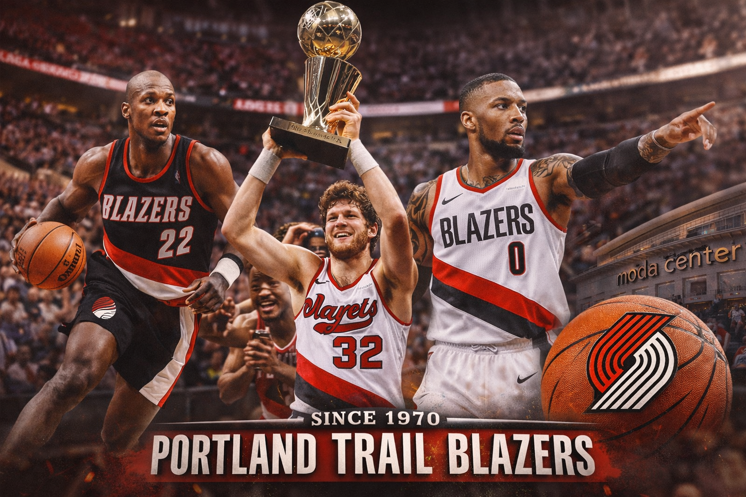 Kolase landscape Portland Trail Blazers menampilkan perjalanan tim sejak 1970, dengan Bill Walton mengangkat trofi juara 1977, Clyde Drexler dribbling dari era 1990-an, dan Damian Lillard sebagai wajah modern, di depan arena Moda Center, menunjukkan sejarah, prestasi, dan ikon tim