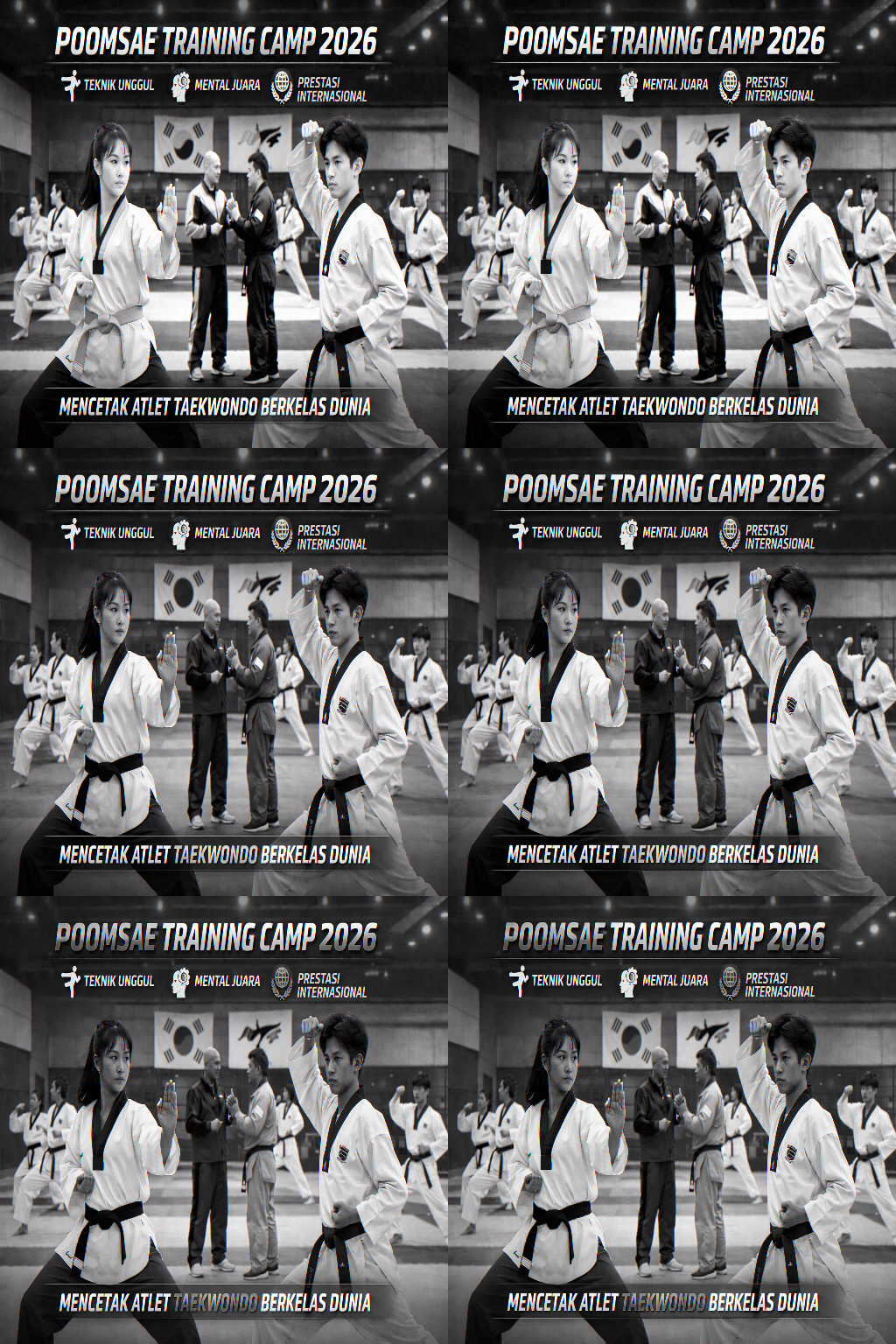 Atlet taekwondo berlatih poomsae secara intensif dalam Poomsae Training Camp 2026, menampilkan gerakan presisi, fokus, dan semangat kompetisi di dalam gedung latihan modern.