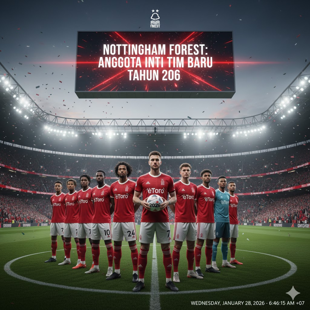 Sepuluh pemain Nottingham Forest berdiri berjajar di tengah lapangan stadion yang penuh penonton, mengenakan seragam merah dan celana putih. Pemain di tengah memegang bola dengan tulisan '2026'. Di latar belakang terdapat papan elektronik besar bertuliskan 'NOTTINGHAM FOREST: ANGGOTA INTI TIM BARU TAHUN 206'. Lampu stadion menyala terang, dan confetti beterbangan di udara.