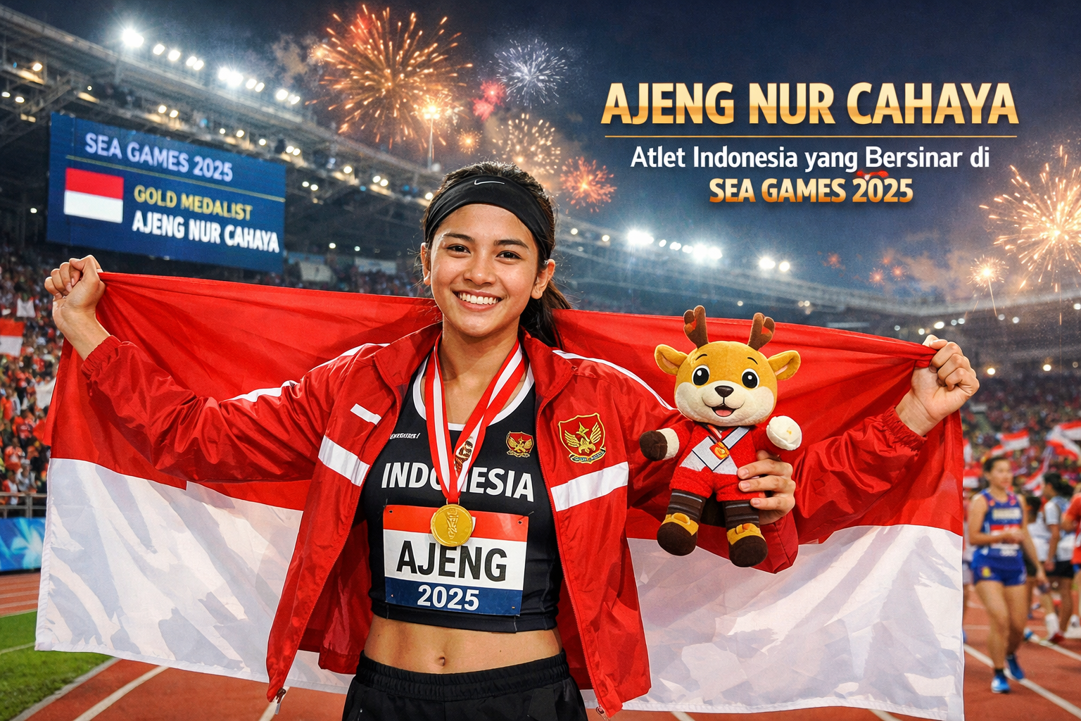Ajeng Nur Cahaya, atlet Indonesia, tersenyum sambil membentangkan bendera Merah Putih dan mengenakan medali emas di stadion SEA Games 2025 dengan latar kembang api.