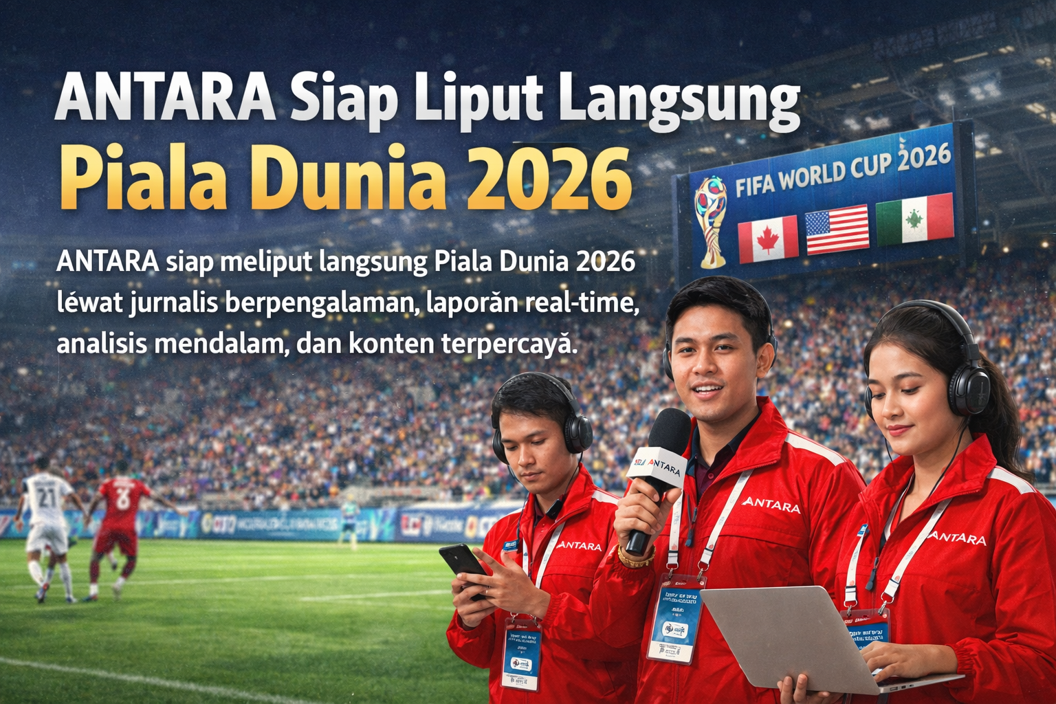 Jurnalis ANTARA meliput langsung pertandingan sepak bola di stadion penuh penonton dengan latar Piala Dunia 2026, menampilkan kesiapan liputan real-time dan analisis mendalam.