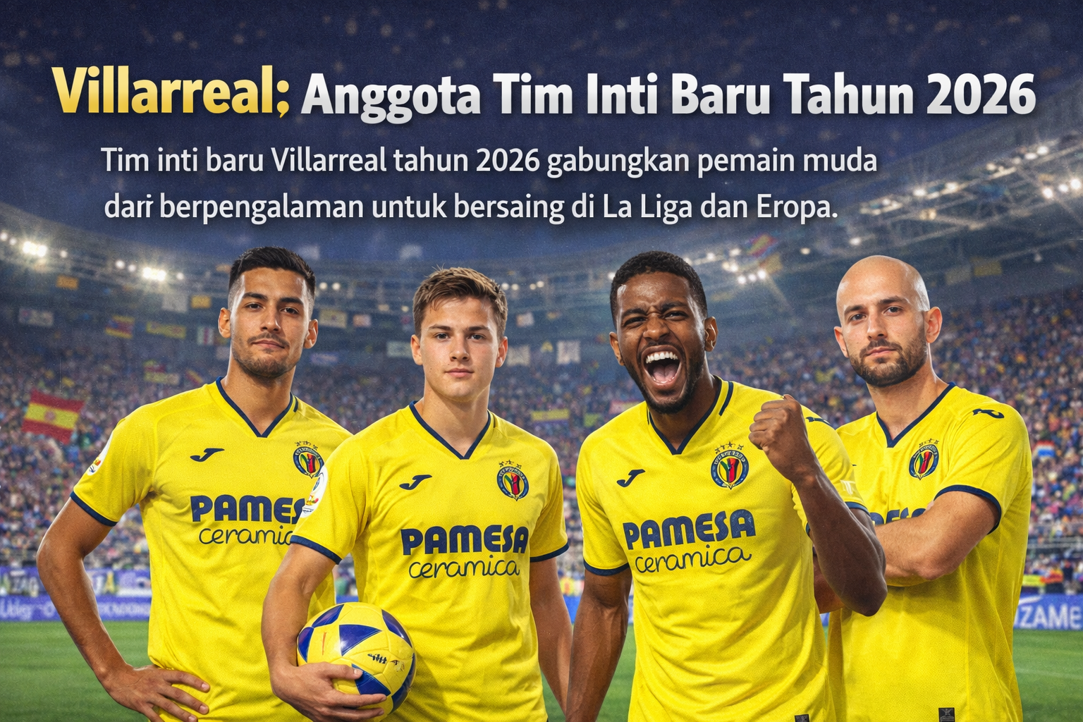 Empat pemain Villarreal CF mengenakan jersey kuning tampil di stadion penuh penonton, menandai anggota tim inti baru 2026 yang memadukan pemain muda dan berpengalaman untuk La Liga dan kompetisi Eropa.