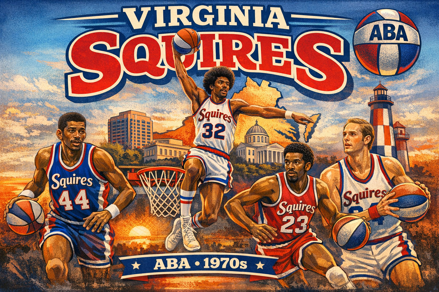 Ilustrasi landscape tim basket Virginia Squires era 1970-an dengan pemain bergaya ABA klasik, seragam merah-biru, aksi slam dunk, dan latar landmark Virginia