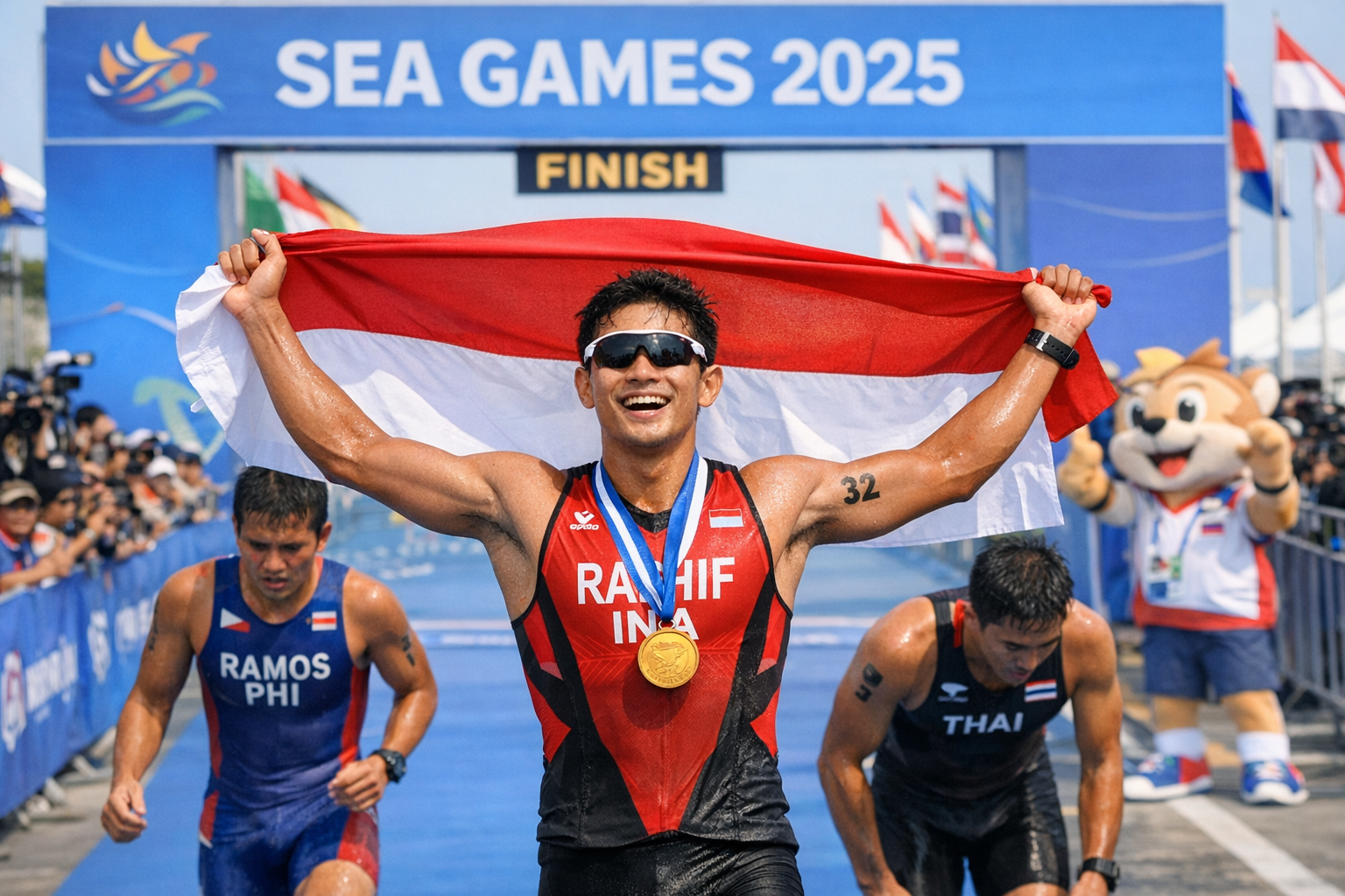 Rashif Amila Yaqin merayakan kemenangan medali emas triatlon SEA Games 2025 dengan mengibarkan bendera Indonesia di garis finis.