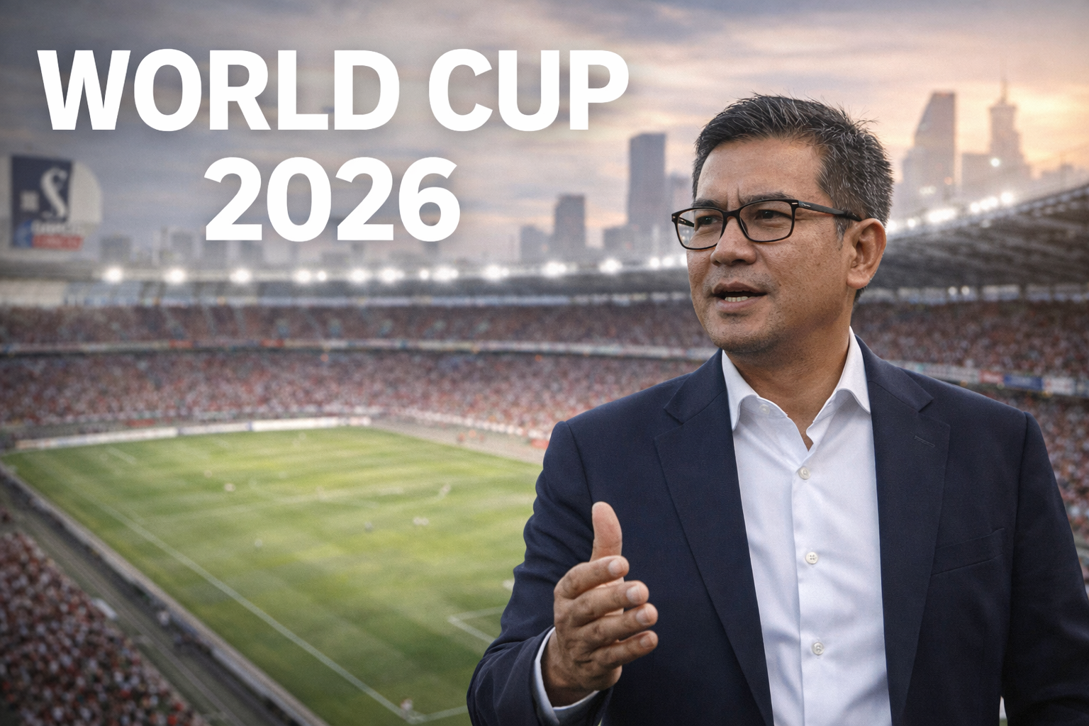 Hendry Munief berdiri di stadion sepak bola dengan latar Piala Dunia 2026, menyampaikan visi dan optimisme bagi masa depan sepak bola Indonesia.