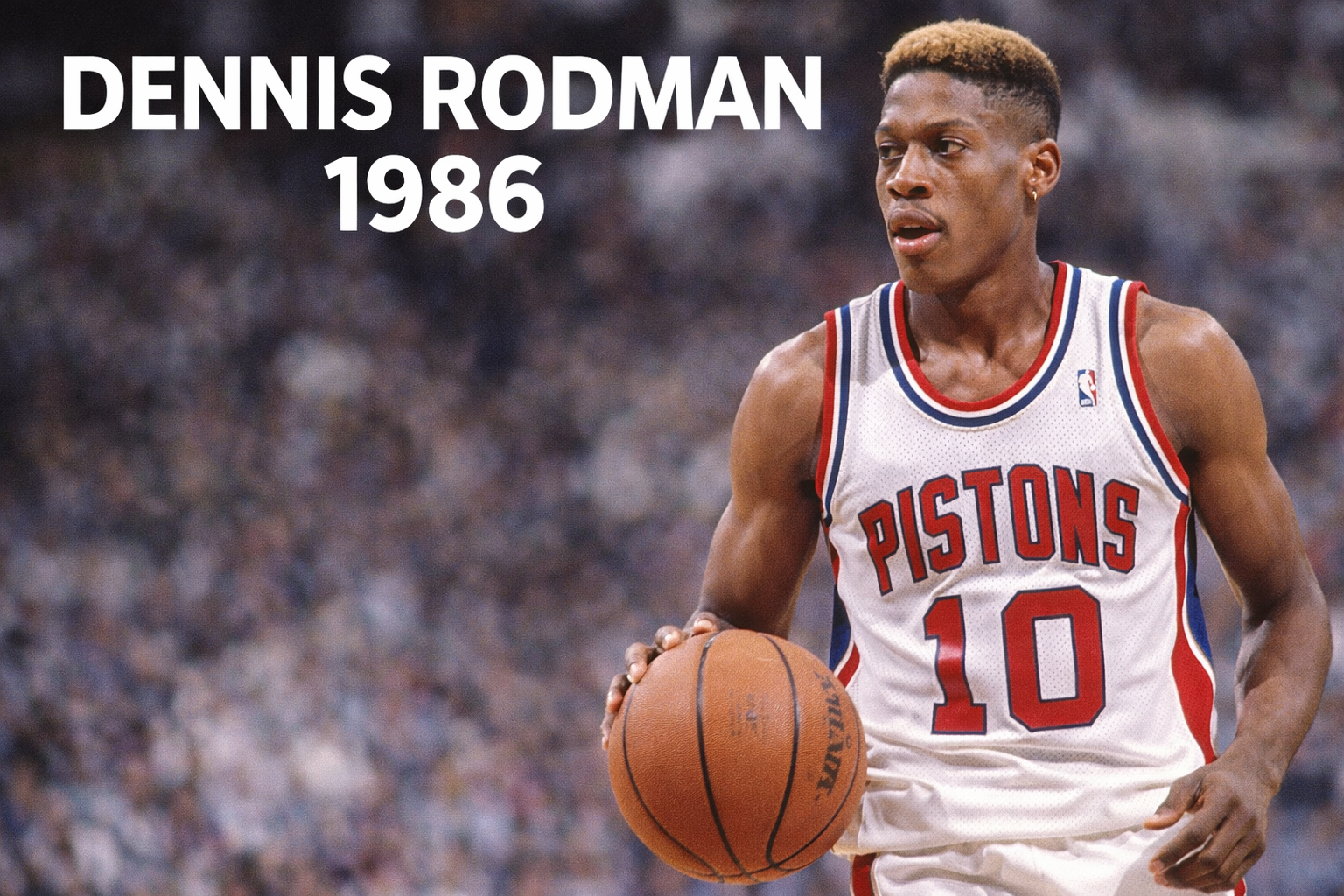 Dennis Rodman tahun 1986 mengenakan jersey Detroit Pistons, memegang bola basket di tangan kiri dengan ekspresi fokus di tengah arena NBA yang ramai.
