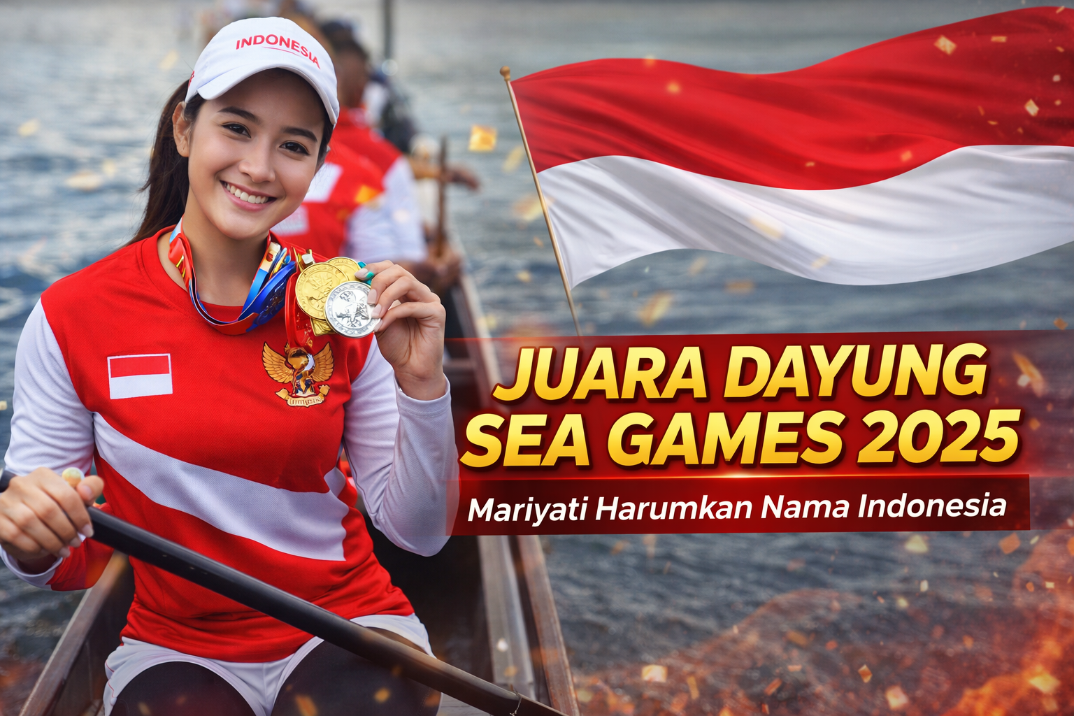 Mariyati, atlet dayung Indonesia, tersenyum sambil memegang medali emas dan perak SEA Games 2025 di atas perahu, berlatar air dan bendera Merah Putih.