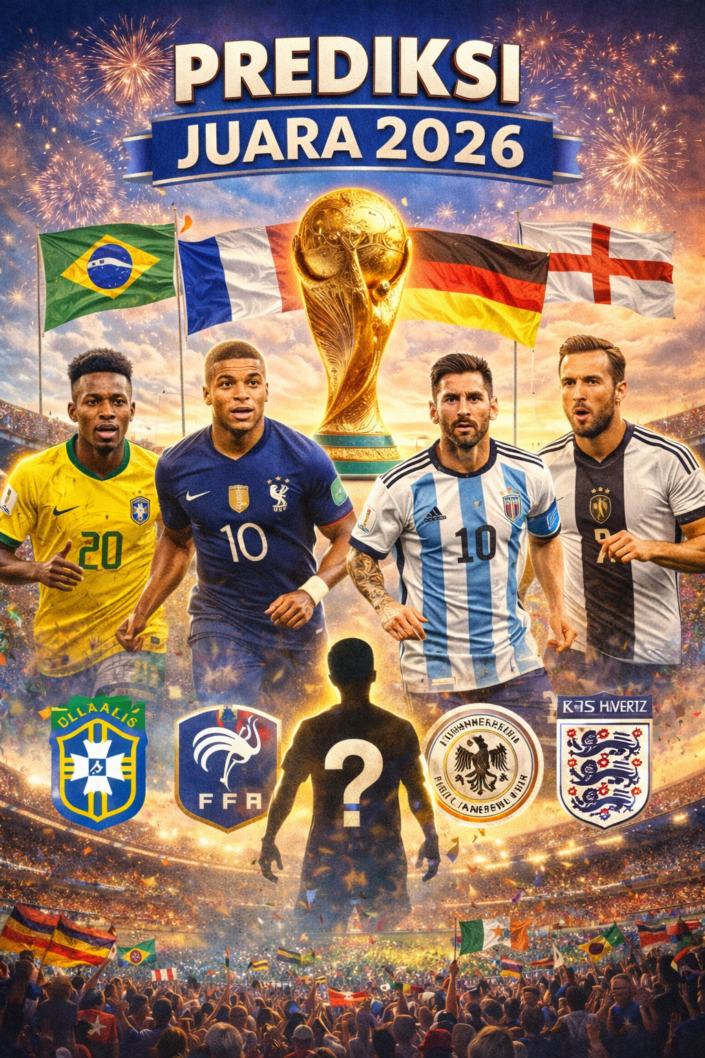 Alt Text 1 (Umum & Deskriptif): Ilustrasi prediksi juara Piala Dunia 2026 menampilkan trofi FIFA di tengah, dikelilingi pemain dari Brasil, Prancis, Argentina, dan Jerman, dengan bendera negara, stadion penuh penonton, dan kembang api di latar belakang. Alt Text 2 (Pendek & Ringkas): Prediksi juara Piala Dunia 2026 dengan trofi, pemain top, dan bendera negara pesaing utama. Alt Text 3 (SEO & Informatif): Digital art prediksi Piala Dunia 2026 menampilkan trofi FIFA, pemain dari tim Brasil, Prancis, Argentina, dan Jerman, simbol persaingan dan antisipasi turnamen sepak bola terbesar di dunia. Alt Text 4 (Media Sosial): Prediksi juara Piala Dunia 2026: aksi pemain top dunia, trofi emas FIFA, bendera nasional, dan semangat kompetisi global.