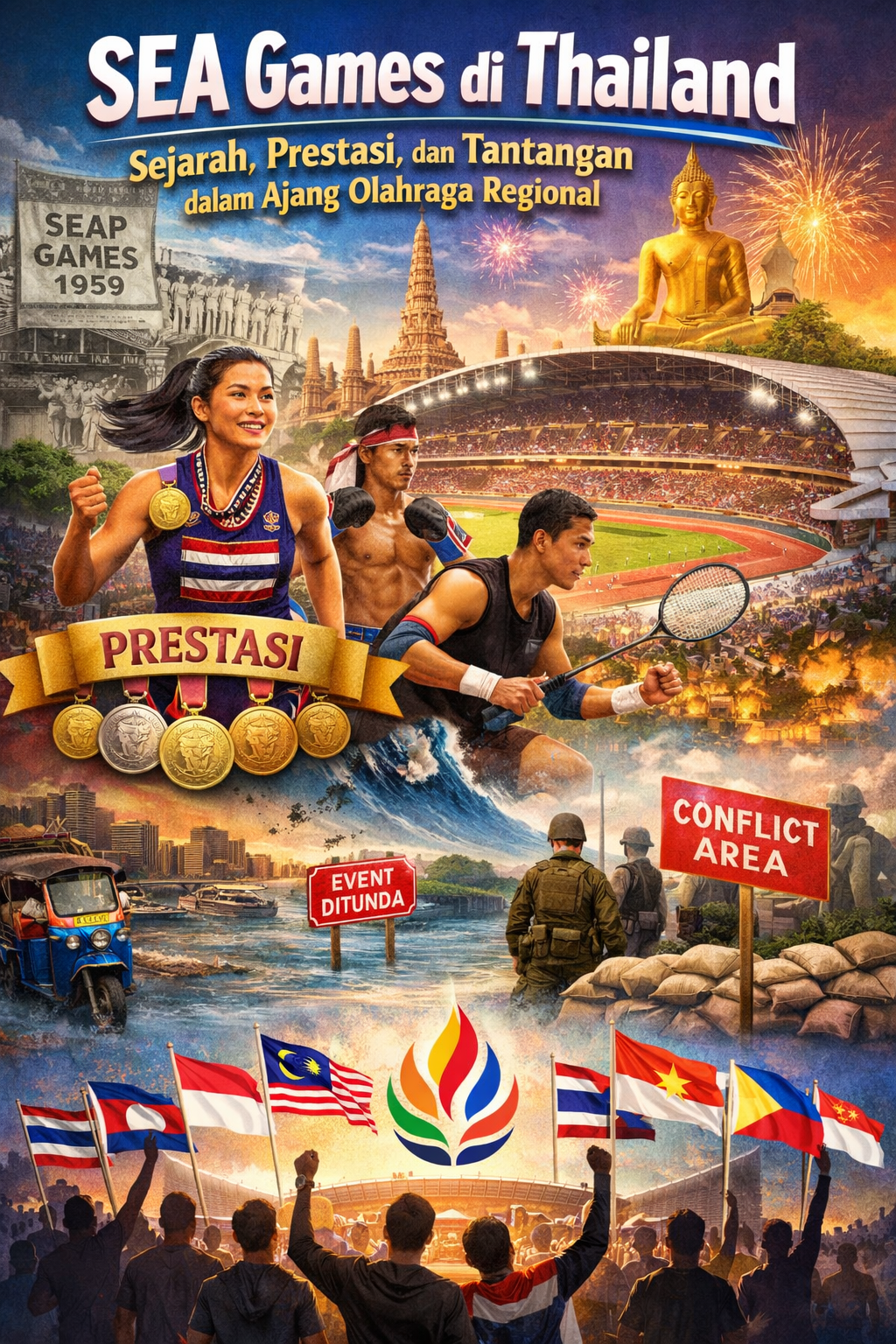 Alt text 1 (umum & SEO): Ilustrasi SEA Games di Thailand menampilkan atlet Asia Tenggara, stadion utama, simbol budaya Thailand, perolehan medali, serta tantangan penyelenggaraan ajang olahraga regional. Alt text 2 (lebih deskriptif): Poster SEA Games di Thailand yang menggambarkan sejarah sejak 1959, prestasi atlet dengan medali emas, suasana stadion megah, ikon budaya Thailand, dan tantangan dalam ajang olahraga Asia Tenggara.