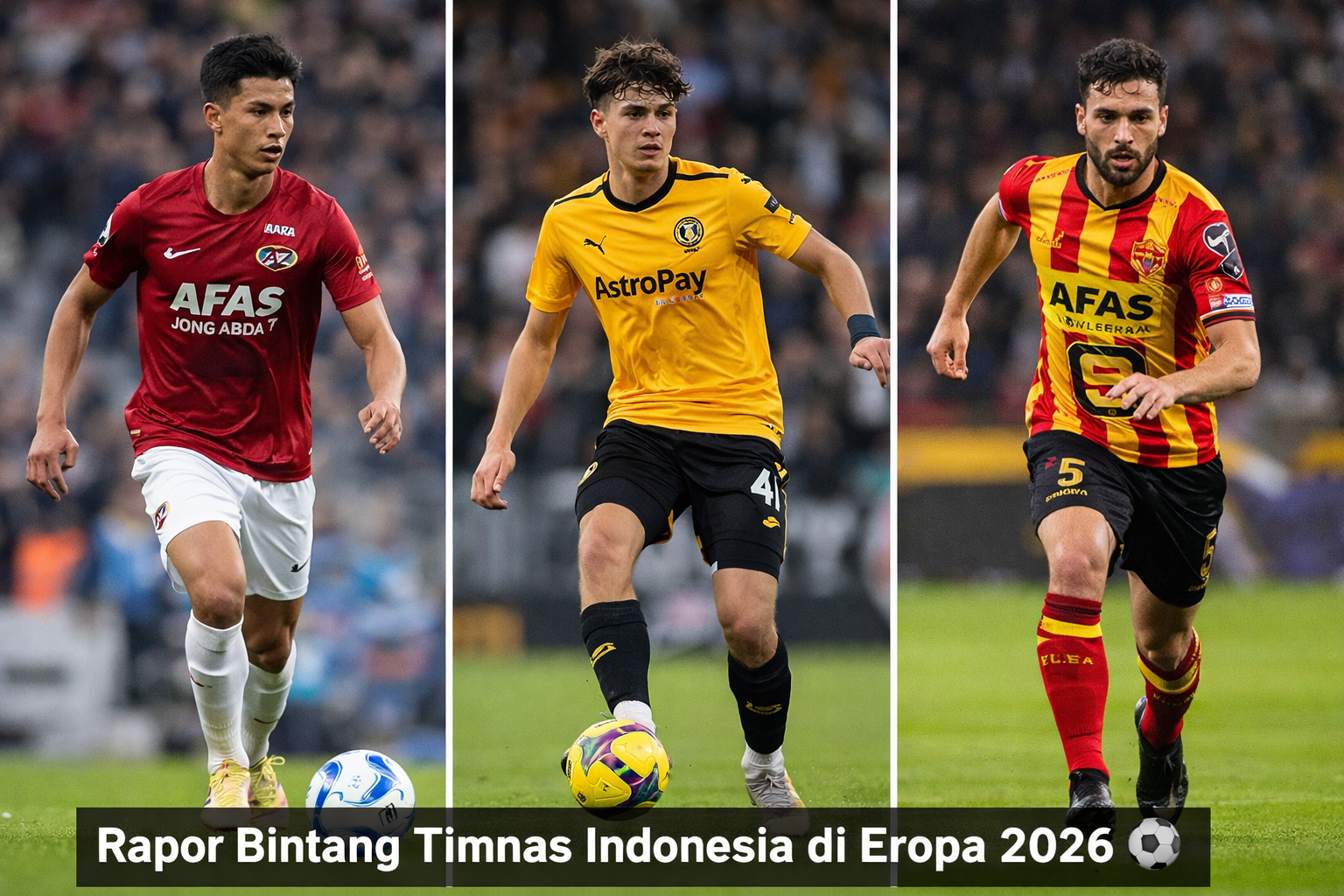 Kolase tiga pemain Timnas Indonesia yang bermain di klub Eropa tahun 2026 sedang menggiring bola di lapangan dengan tulisan “Rapor Bintang Timnas Indonesia di Eropa 2026