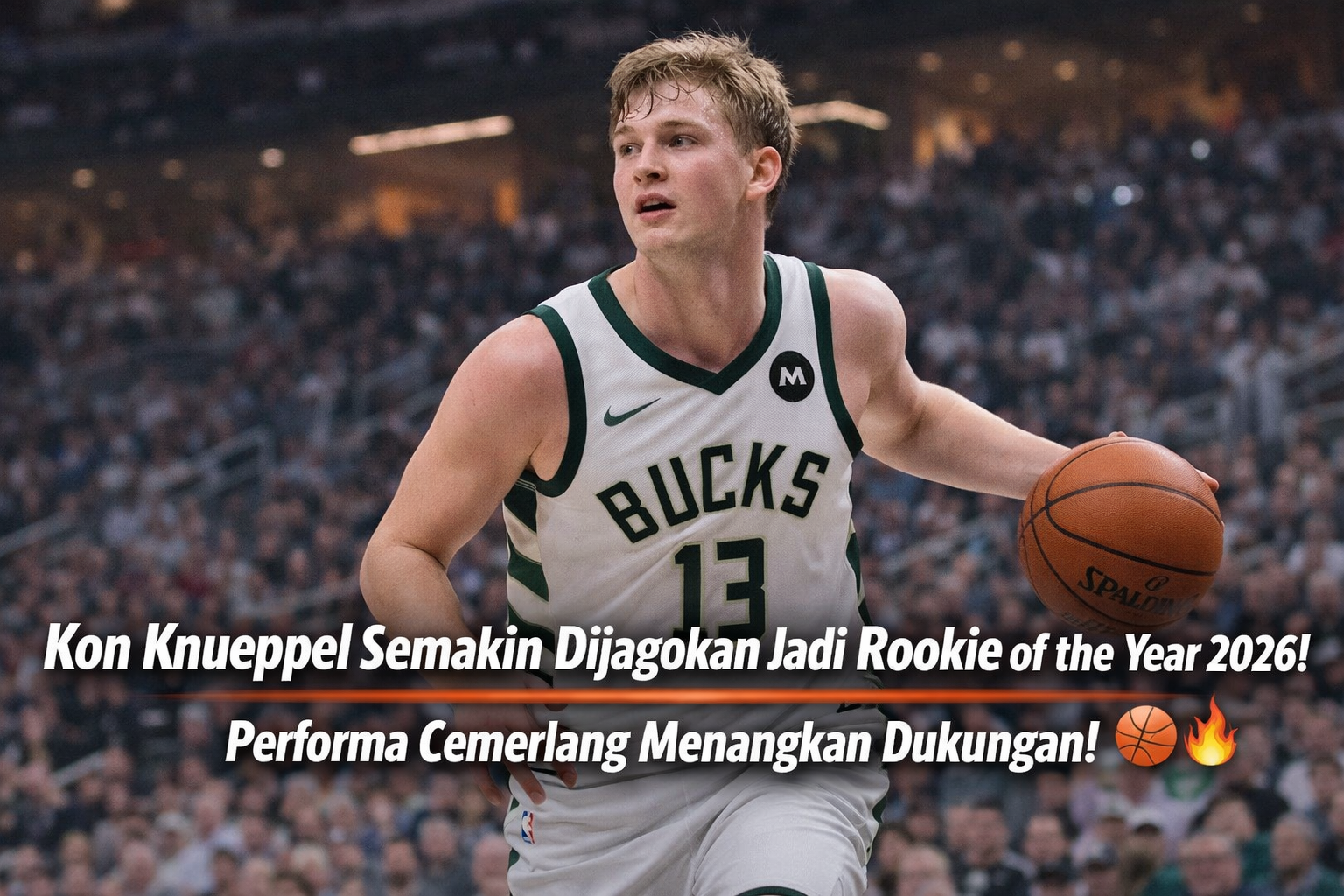 Kon Knueppel menggiring bola dalam pertandingan NBA 2026 dengan seragam putih, menampilkan performa impresif sebagai kandidat kuat Rookie of the Year di arena penuh penonton.