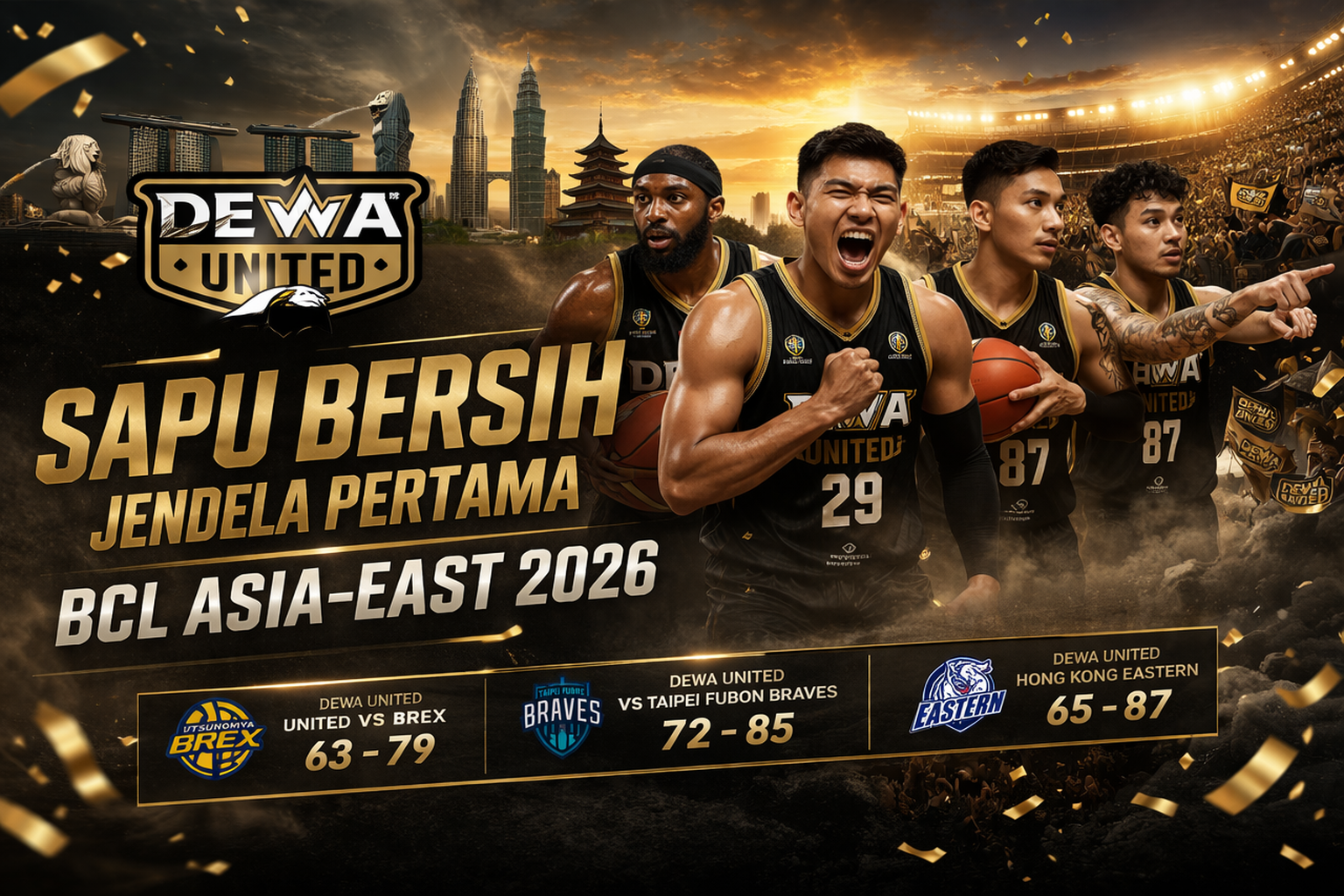 Poster landscape bertema olahraga menampilkan tim basket Dewa United dalam nuansa warna emas dan hitam. Beberapa pemain digambarkan dalam pose penuh semangat di tengah arena stadion dengan sorotan lampu dan confetti berjatuhan