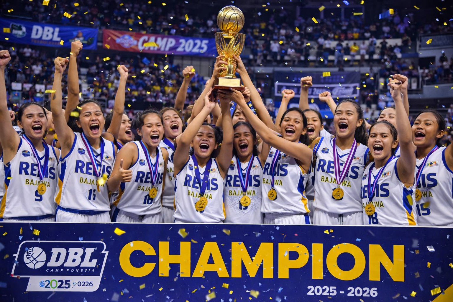 Sekelompok pemain basket putri merayakan kemenangan di lapangan dengan ekspresi bahagia, beberapa mengangkat tangan dan berpelukan, dengan latar penonton dan suasana pertandingan yang meriah.Putri Recis Bajawa