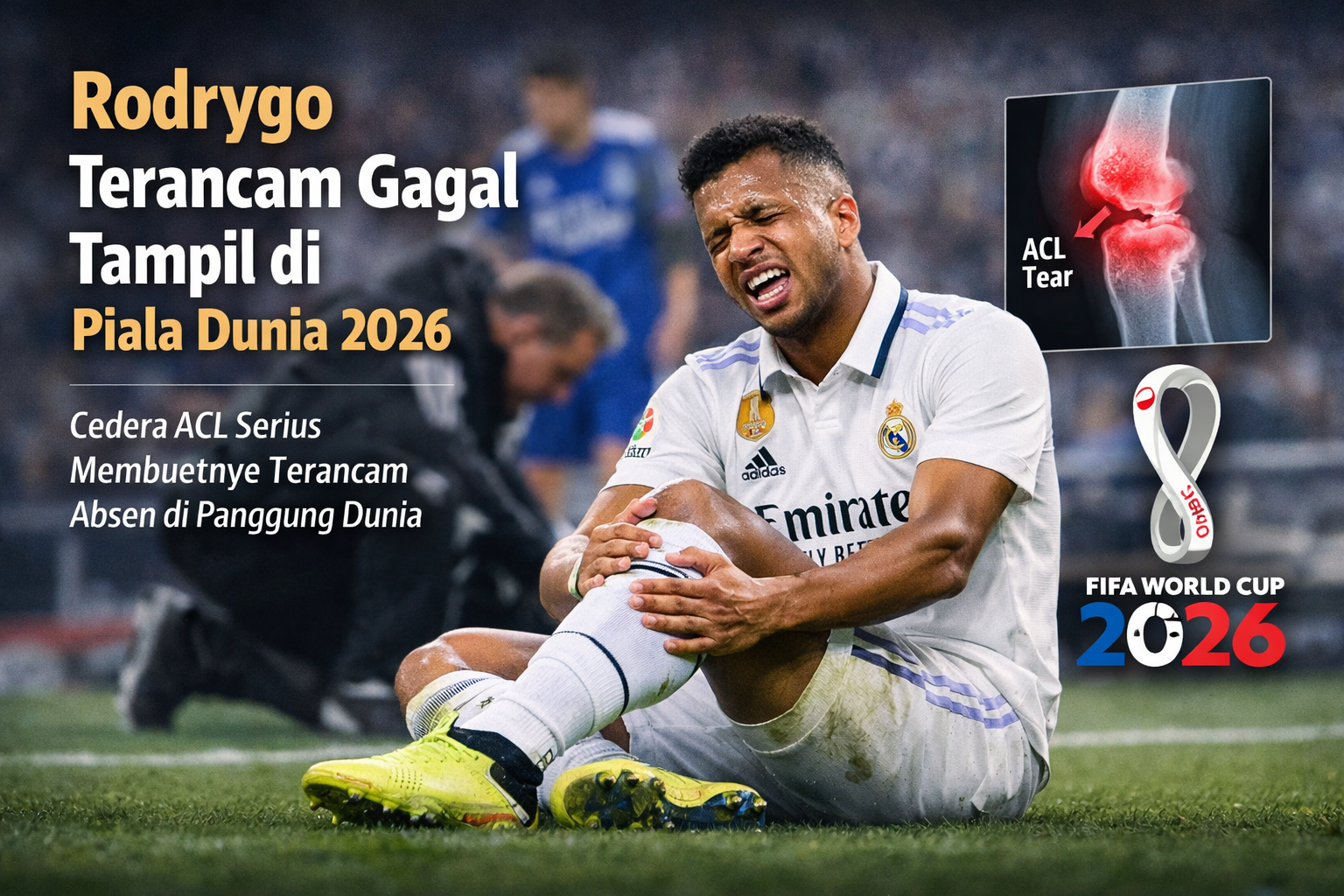 Seorang pemain sepak bola mengenakan jersey putih duduk di lapangan sambil memegang lutut kanan dengan ekspresi kesakitan. Di sisi kiri gambar terdapat teks “Rodrygo Terancam Gagal Tampil di Piala Dunia 2026” serta keterangan cedera ACL serius. Di sisi kanan terlihat ilustrasi lutut dengan sorotan cedera ACL dan logo Piala Dunia 2026. Latar belakang menampilkan suasana stadion yang blur.