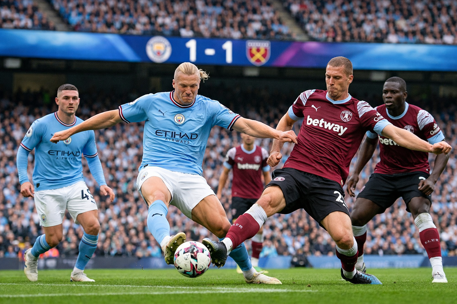 Erling Haaland dari Man City berebut bola dengan pemain West Ham dalam pertandingan Liga Inggris di Stadion Etihad dengan skor imbang 1-1 di papan skor.