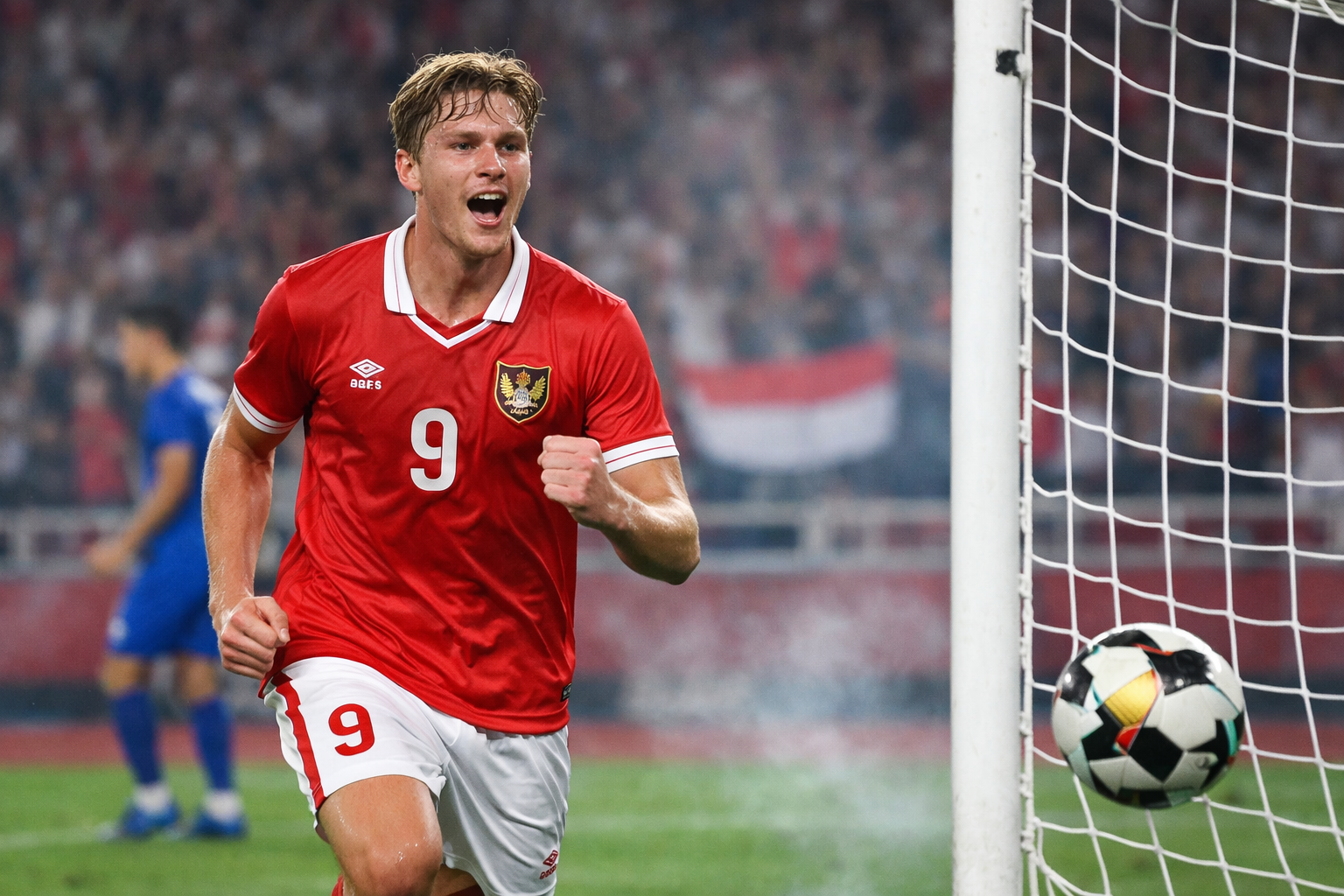 Jens Raven Seorang pemain muda mengenakan jersey merah Timnas Indonesia bernomor 9 merayakan gol di depan gawang, dengan bola terlihat masuk ke dalam jaring dan penonton memenuhi stadion di latar belakang.