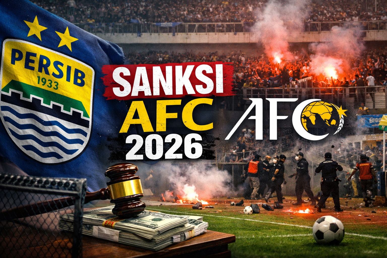 Ilustrasi stadion sepak bola dengan kericuhan suporter, flare menyala, logo Persib Bandung, serta tulisan “Sanksi AFC 2026” dan simbol denda.