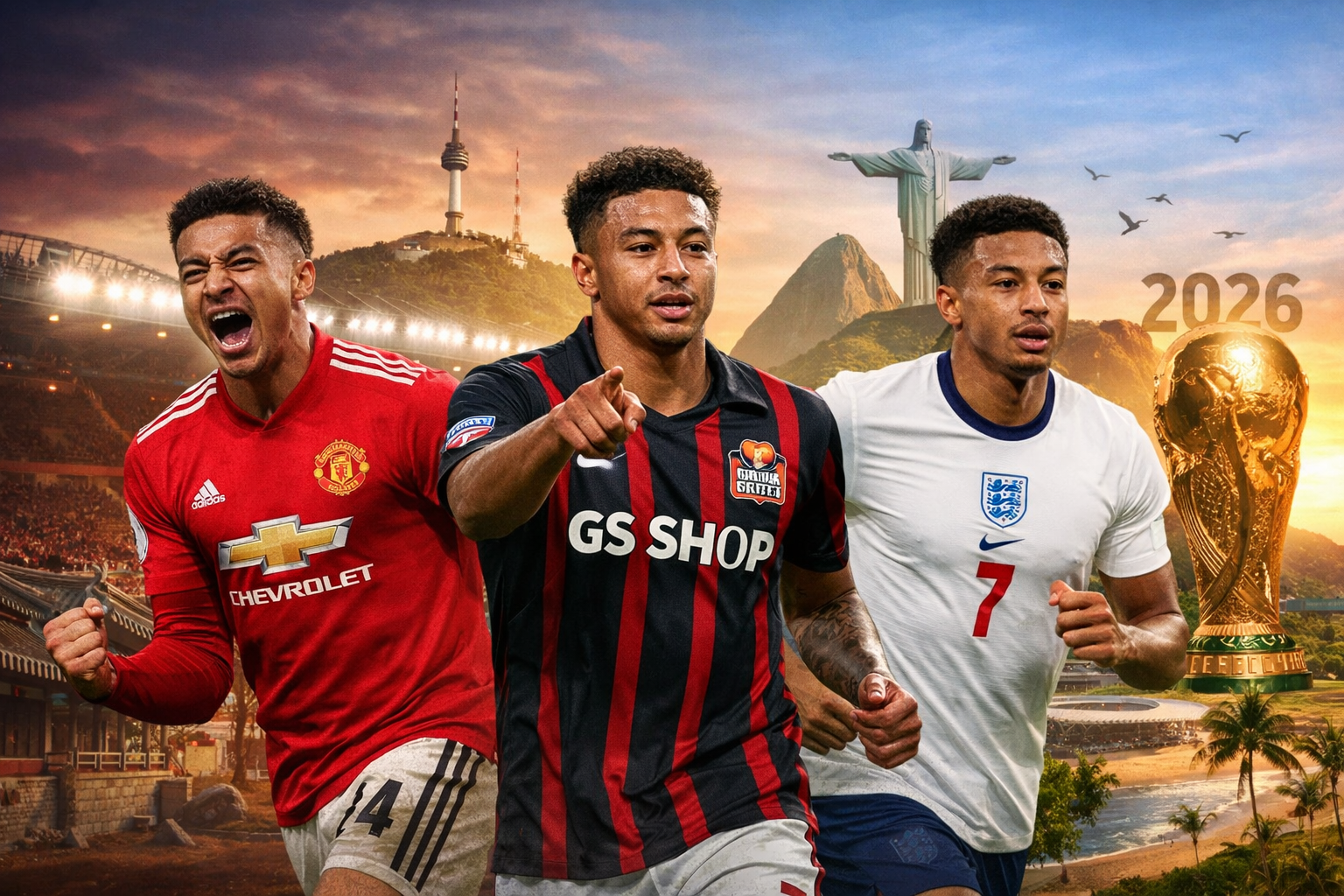 Gambar landscape menampilkan perjalanan karier Jesse Lingard dari Manchester United, FC Seoul Korea Selatan, hingga Timnas Inggris dengan latar Brasil dan trofi Piala Dunia 2026, menggambarkan kebangkitan dan ambisi menuju turnamen dunia.