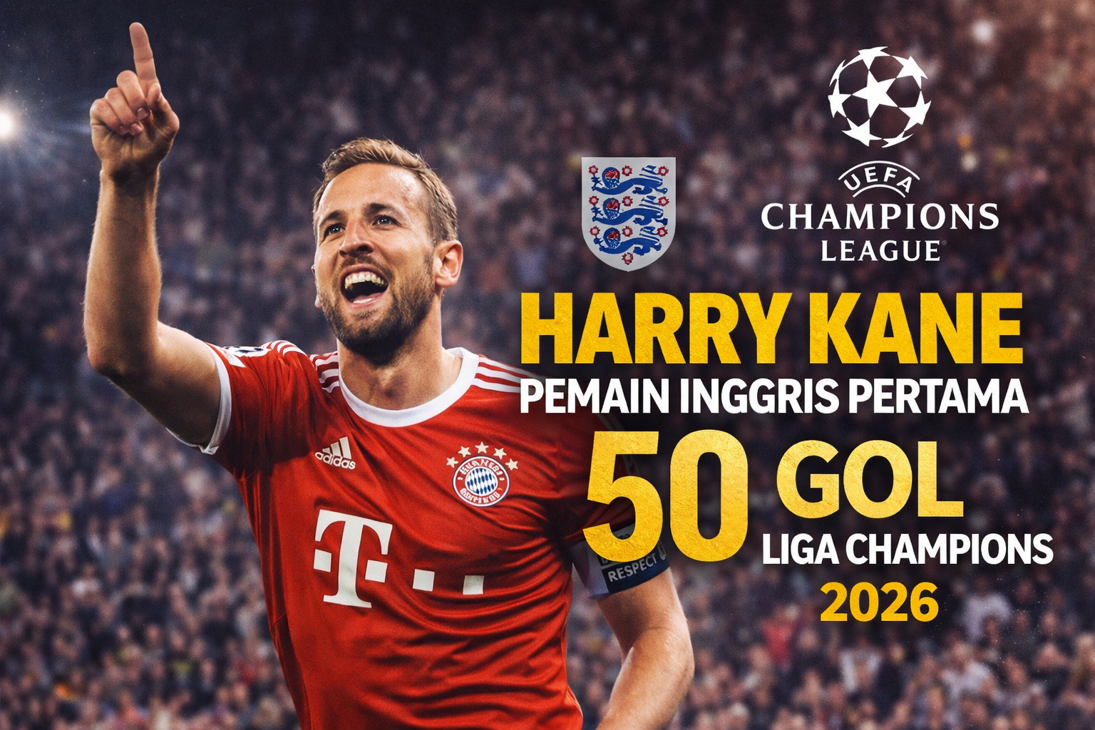 Harry Kane merayakan gol ke-50 di Liga Champions 2026 dengan seragam Bayern Munich, disertai tulisan pencapaian dan logo UEFA di stadion penuh penonton