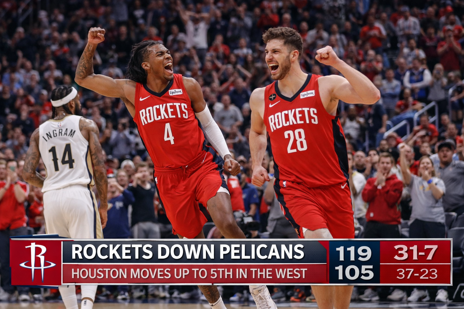 Dua pemain Houston Rockets mengenakan jersey merah merayakan kemenangan dengan penuh semangat di lapangan, sementara pemain New Orleans Pelicans terlihat di latar belakang dan papan skor menunjukkan hasil pertandingan.