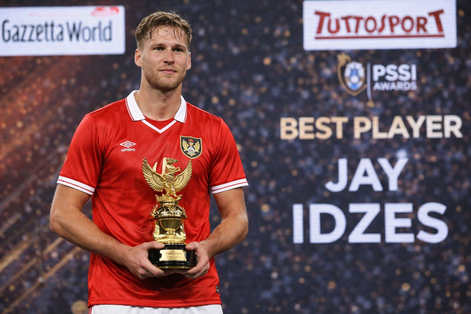 Seorang pemain Timnas Indonesia mengenakan jersey merah memegang trofi emas di atas panggung penghargaan, dengan latar tulisan “Best Player Jay Idzes” dan sorotan lampu acara.