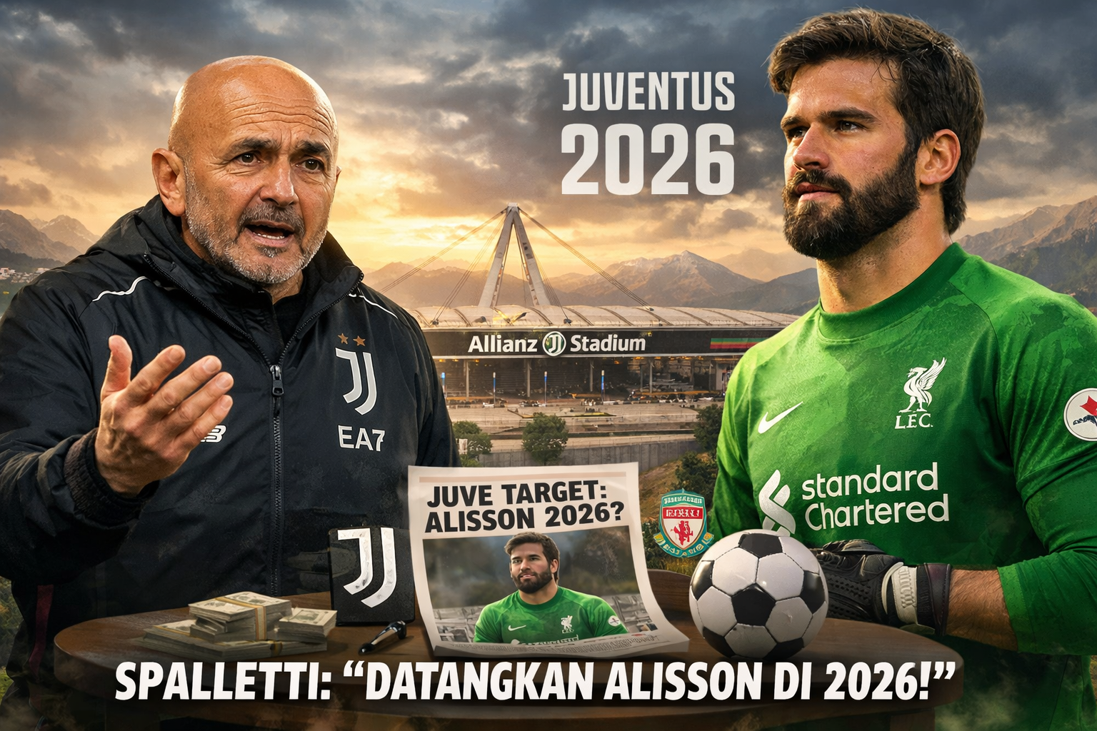 Ilustrasi landscape menunjukkan Luciano Spalletti mengenakan jaket Juventus sedang gesturing dengan serius di sisi kiri, sementara kiper Alisson Becker mengenakan seragam Liverpool berdiri di sisi kanan. Di antara mereka terdapat meja dengan tumpukan uang dan koran berjudul 'JUVE TARGET: ALISSON 2026?