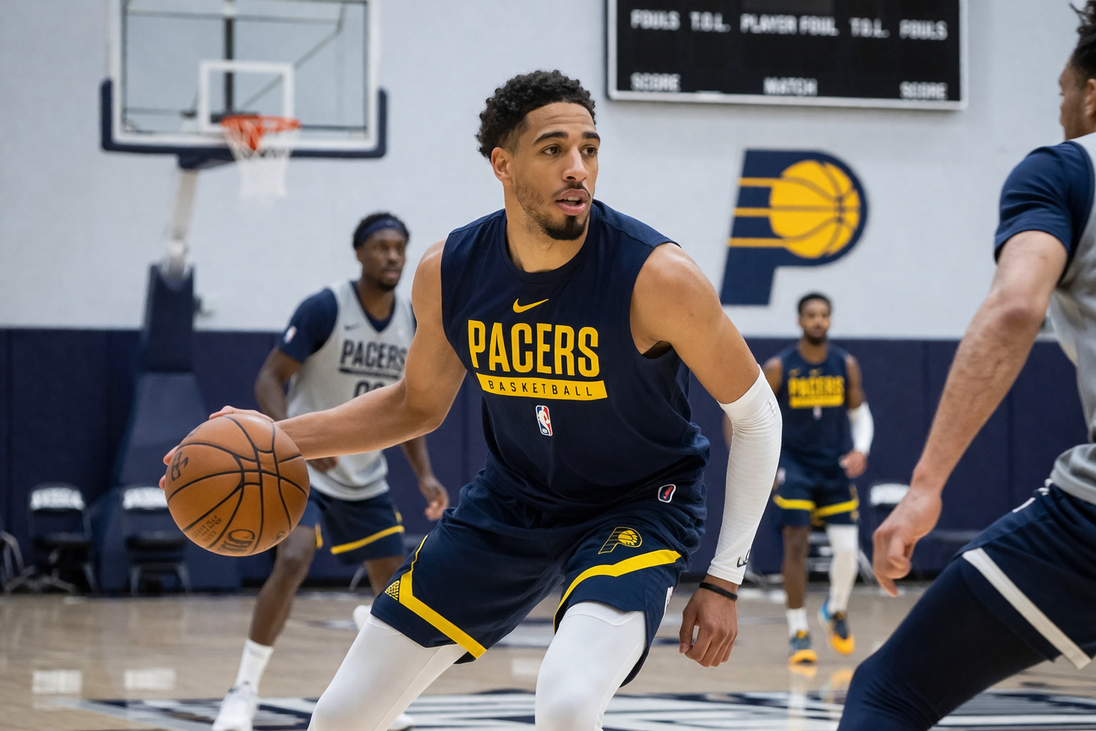 Tyrese Haliburton berlatih 5-lawan-5 di lapangan basket dalam seragam Indiana Pacers, sedang membawa bola sambil pemain lain bergerak di sekitarnya, menunjukkan suasana latihan penuh energi