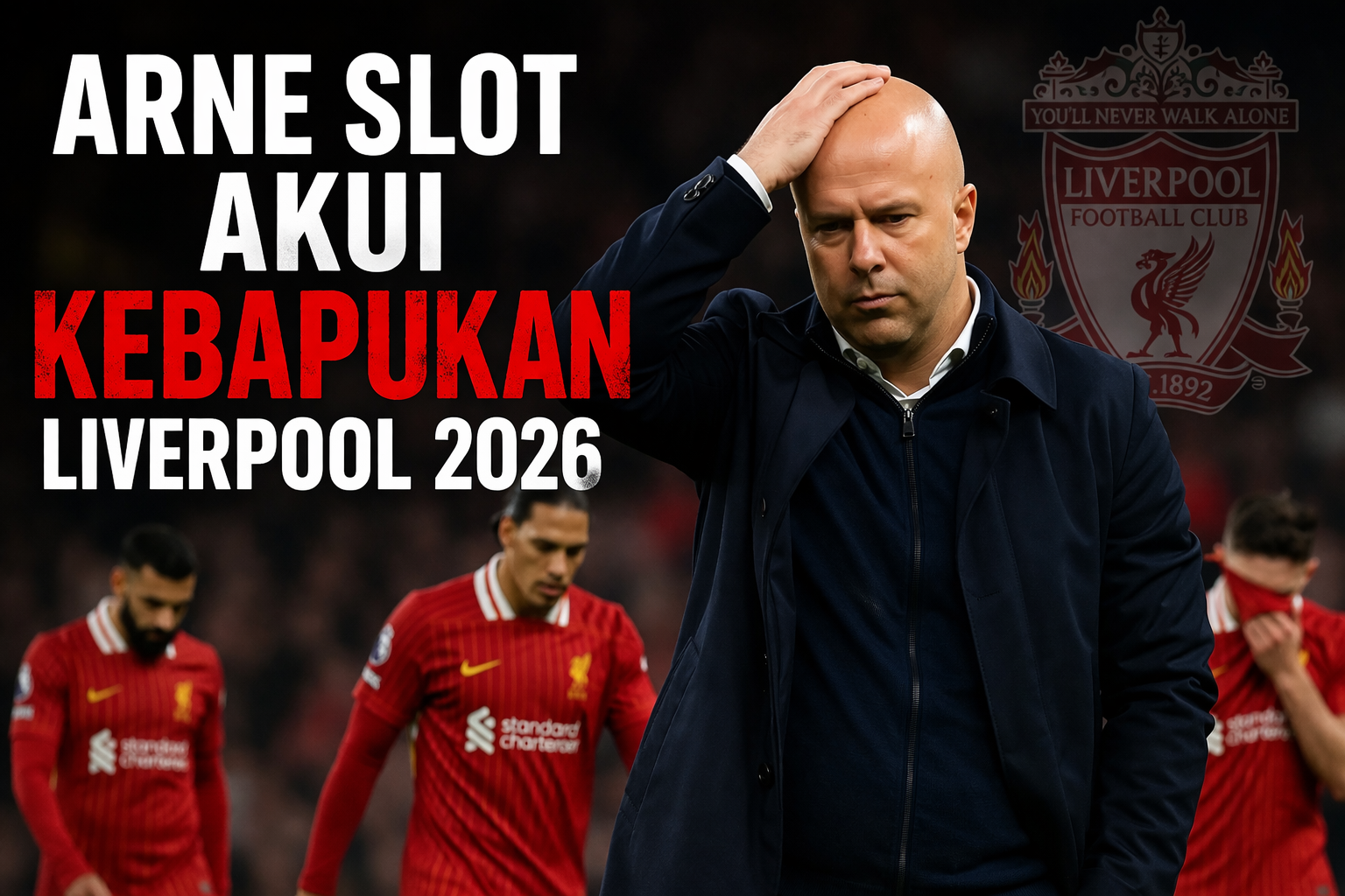 Pelatih Arne Slot terlihat frustrasi sambil memegang kepala, dengan pemain Liverpool tertunduk di belakang dan tulisan besar tentang krisis tim 2026