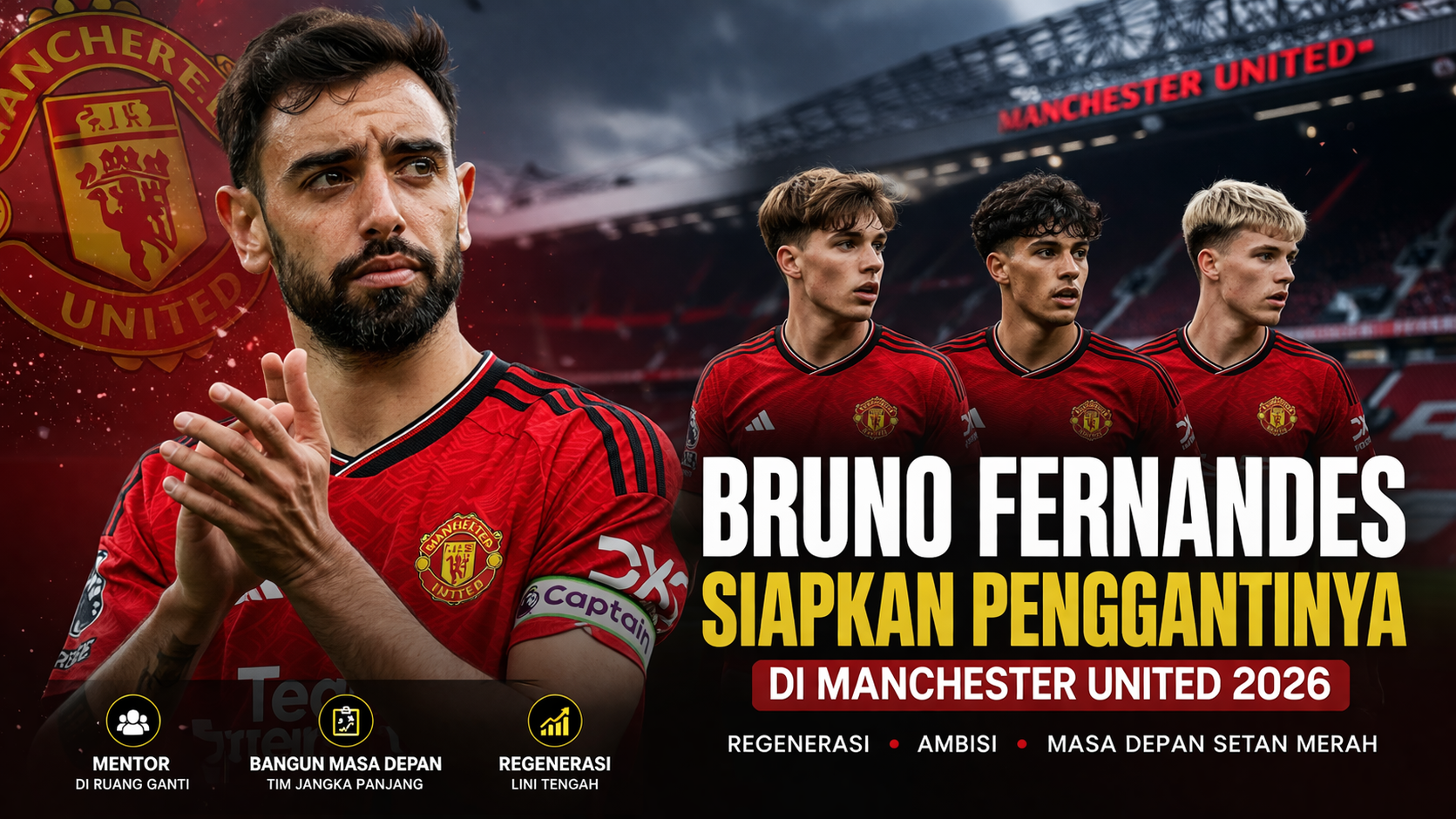 Gambar landscape dramatis menampilkan Bruno Fernandes mengenakan jersey merah Manchester United dengan ban kapten, menatap ke arah kiri. Di belakangnya, tiga pemain muda tim utama terlihat siap bermain, menandakan regenerasi lini tengah. Latar stadion Old Trafford gelap dengan pencahayaan tegas. Teks besar di kanan bawah berbunyi "Bruno Fernandes Siapkan Penggantinya di Manchester United 2026", menekankan peran mentor Fernandes dan masa depan klub. Ikon kecil menunjukkan tema mentor, pembangunan masa depan, dan regenerasi lini tengah.